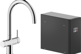 Хромированный кухонный смеситель J-образной формы с кипящей и газированной водой и фильтром. (LV0K133/AIOCR)