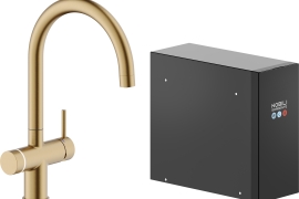 Brushed gold J-shaped kitchen faucet with boiling and carbonated water and filter. (LV0K133/AIOGTP)