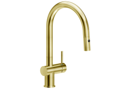 Brushed gold J-shaped kitchen faucet with hand shower. LIVE (BR00237GTP)