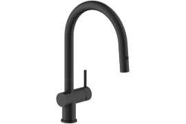 Matte black J-shaped kitchen faucet with hand shower. LIVE (BR00237BM)