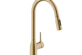 Brushed gold J-shaped pull-out kitchen faucet. MANIA (CU128137GTP)